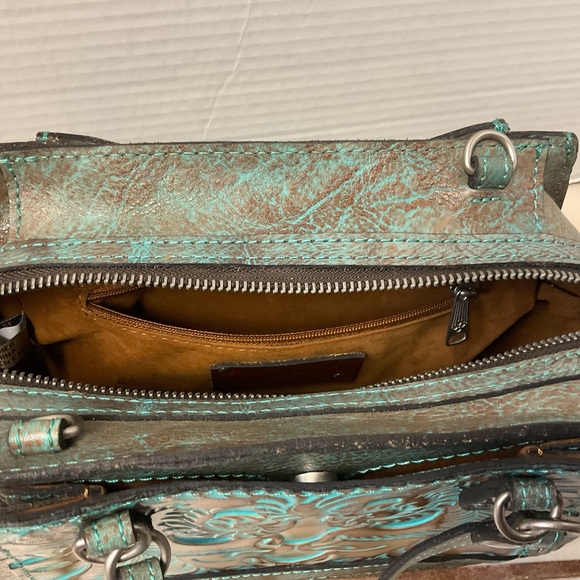 Patricia Nash Bag Satchel Crossbody Detachable Strap Turquoise Embossed Purse - Picture 10 of 13